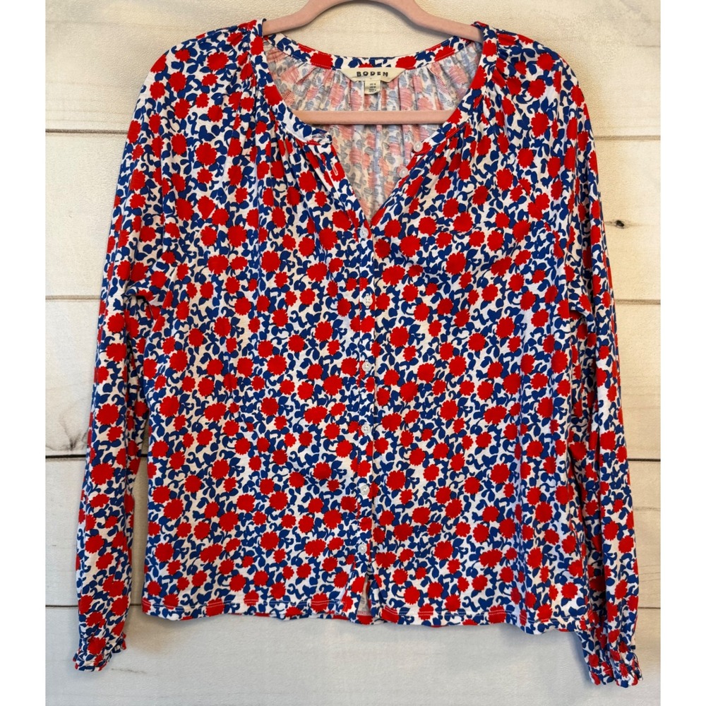 Boden Red Blue Floral Cotton Button Front Long Sleeve Top T1920 Size US 10